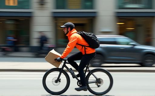 A professional bike messenger zipping through city streets with a satchel, representing fast courier services.