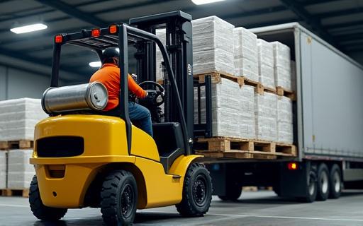 A forklift operator carefully loading oversized pallets onto a freight truck, symbolizing heavy cargo logistics.