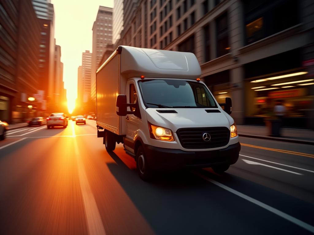 A modern delivery van driving through a vibrant New York City street during sunset, capturing the essence of busy urban logistics.