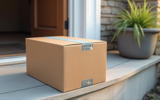 A neatly packaged box being placed on a residential doorstep, representing efficient last-mile delivery for online shopping.